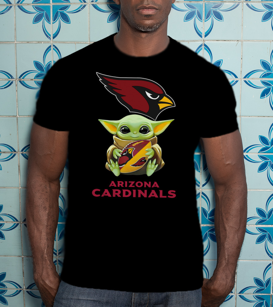 Baby Yoda Hugging Arizona Cardinals Logo Football With Team Emblem T-Shirt