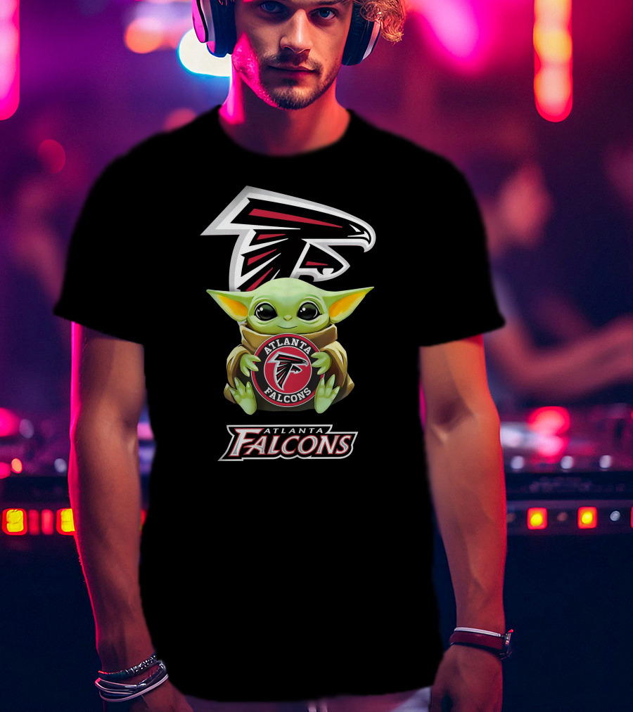 Baby Yoda Holding Atlanta Falcons Emblem Logo Fan T-Shirt