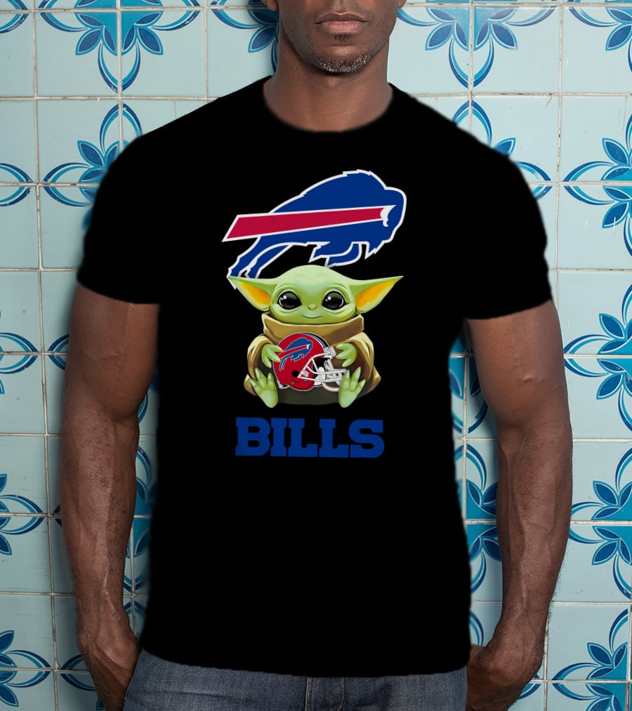 Baby Yoda Holding Buffalo Bills Helmet NFL Logo Bills T-Shirt