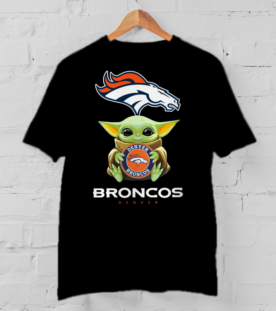 Baby Yoda Holding Denver Broncos Emblem With Broncos T-Shirt