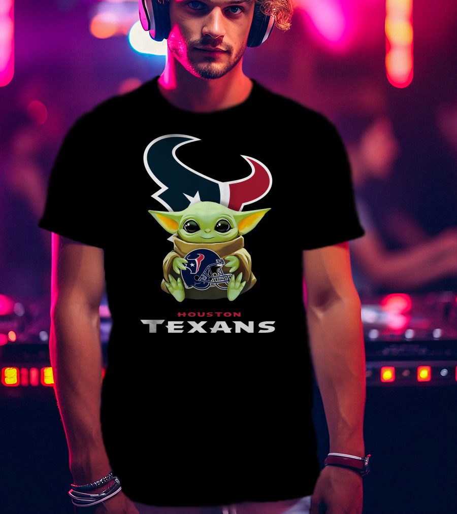 Baby Yoda With Houston Texans Helmet T-Shirt