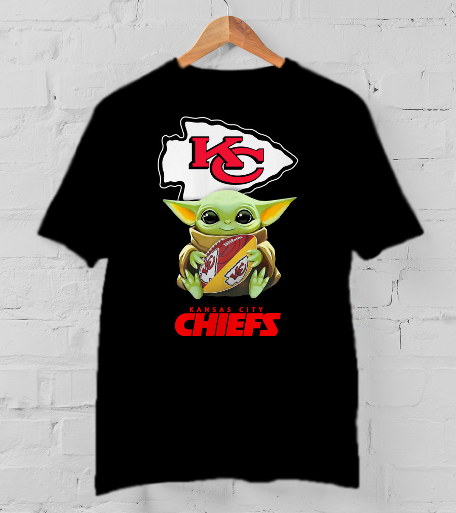 Baby Yoda Holding Kansas City Chiefs Football T-Shirt