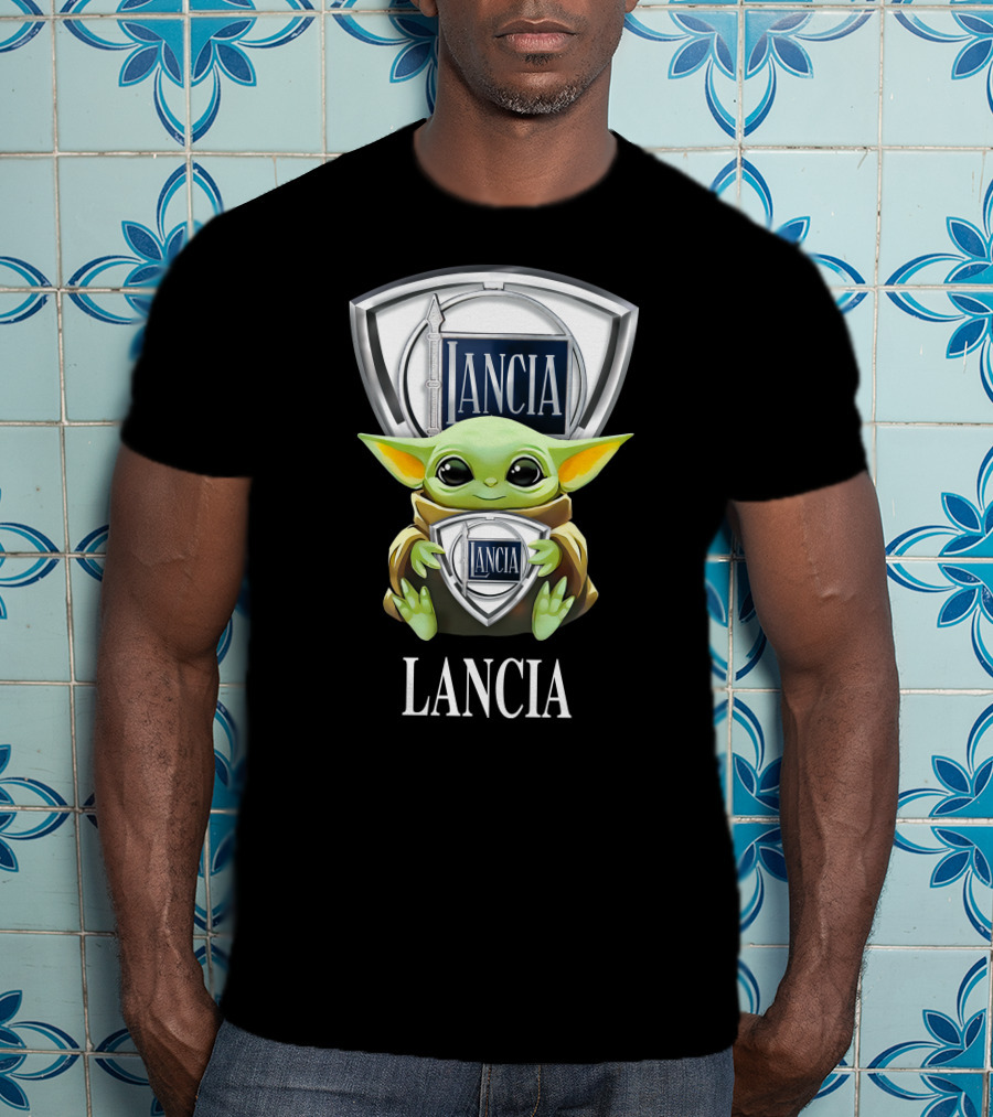 Baby Yoda Holding Lancia Logo With Lancia Text T-Shirt