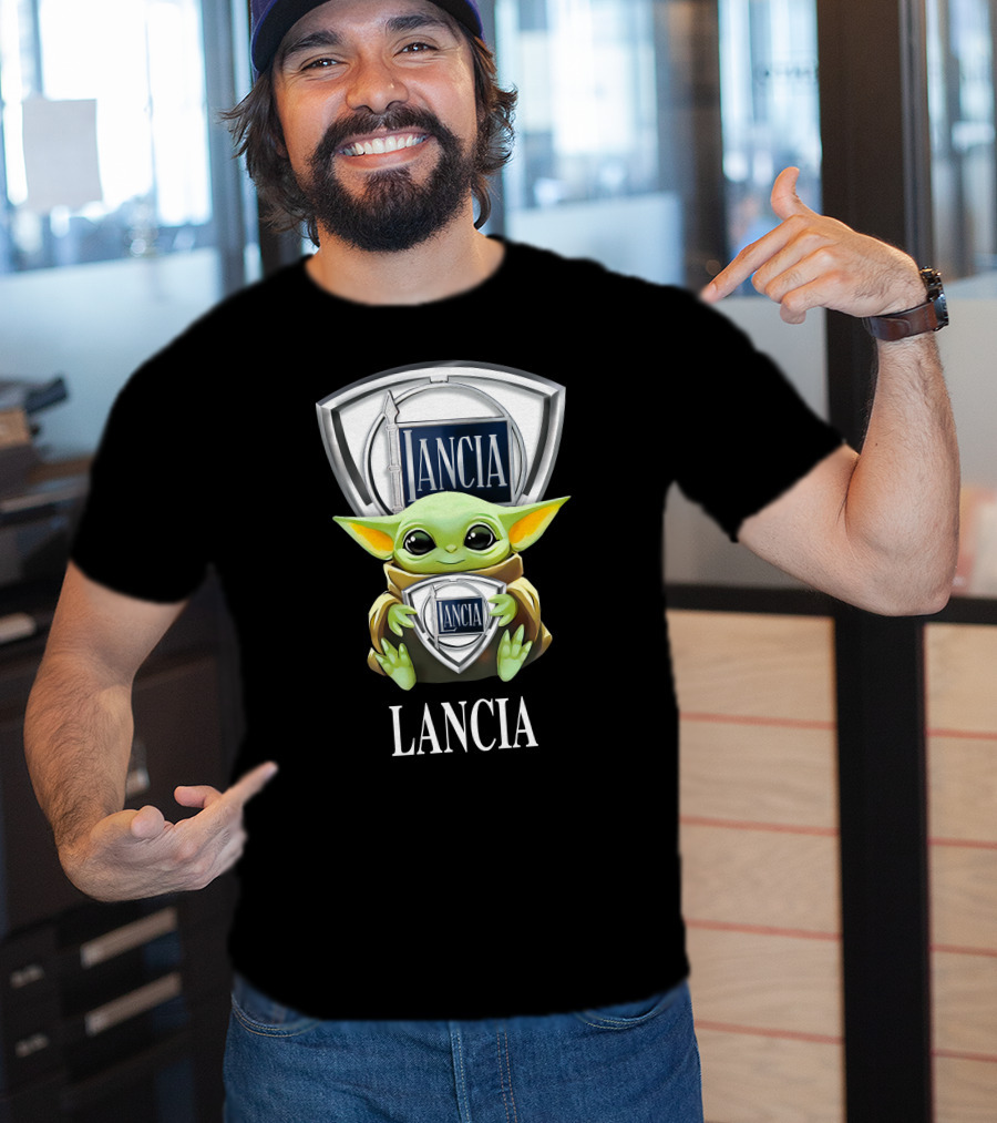 Baby Yoda Holding Lancia Logo With Lancia Text T-Shirt