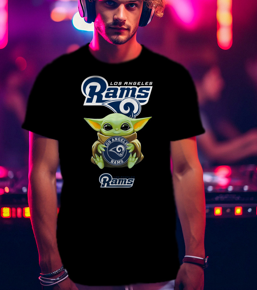 Baby Yoda Holding Los Angeles Rams Emblem With Official Team T-Shirt
