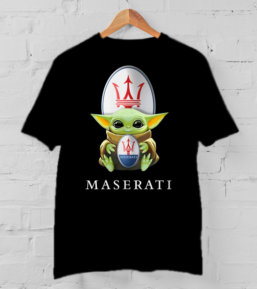 Baby Yoda Holding Maserati Emblem Trident T-Shirt
