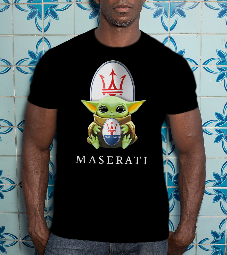 Baby Yoda Holding Maserati Emblem Trident T-Shirt