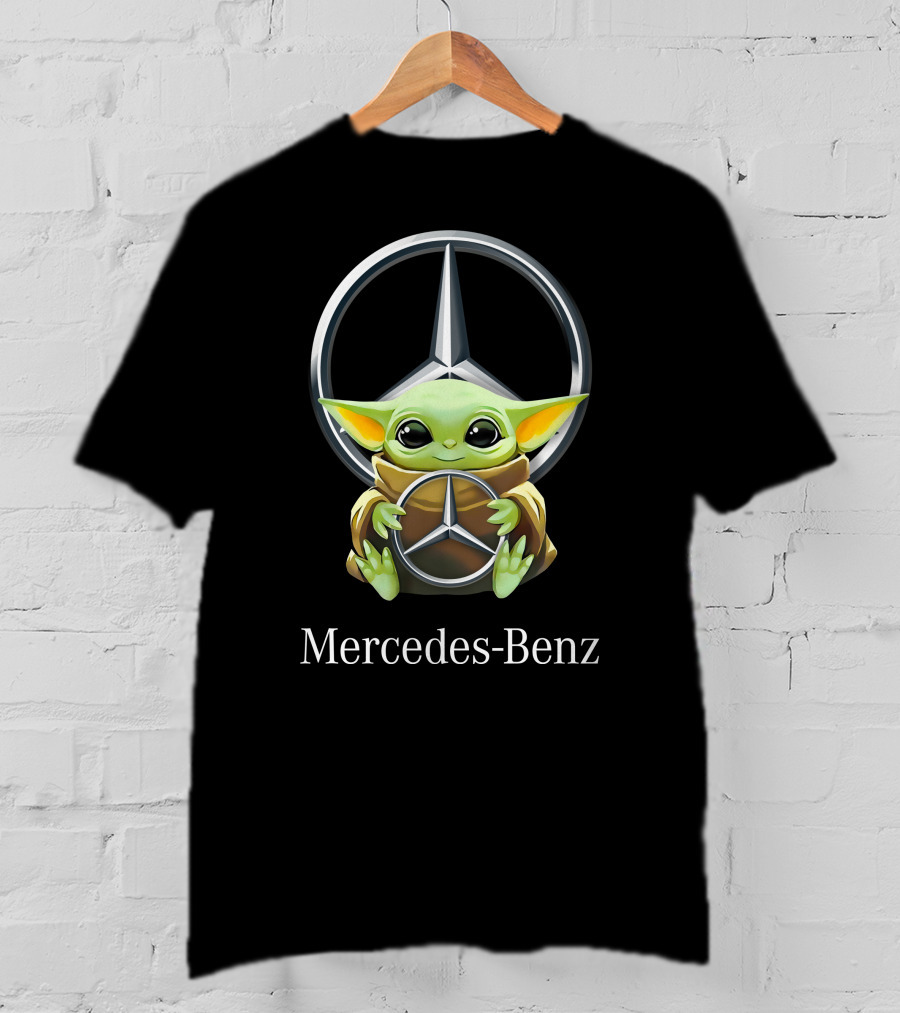 Baby Yoda Cuddles Mercedes-Benz Logo Black T-Shirt