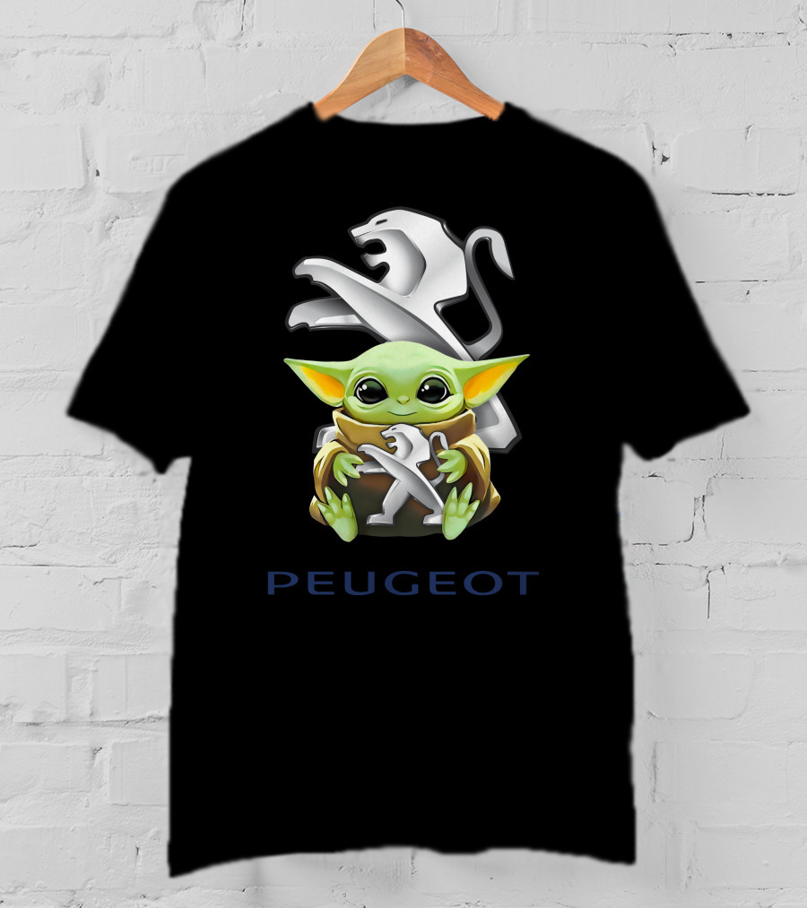 Baby Yoda Embracing Peugeot Lion T-Shirt