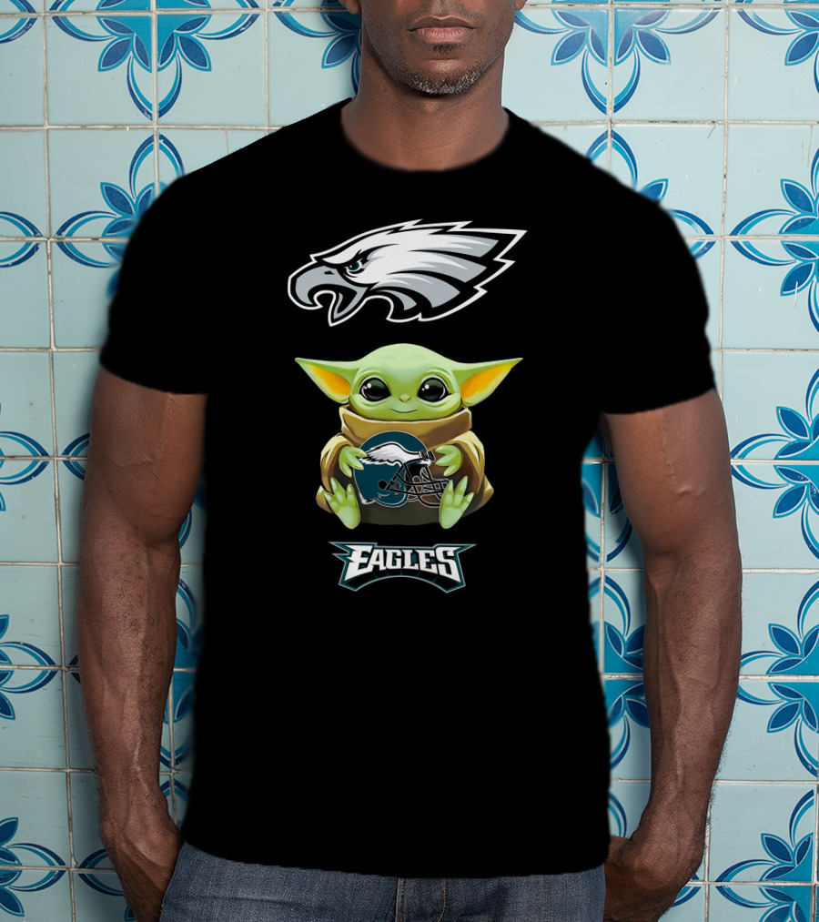 Baby Yoda Holding Philadelphia Eagles Helmet With Eagles T-Shirt
