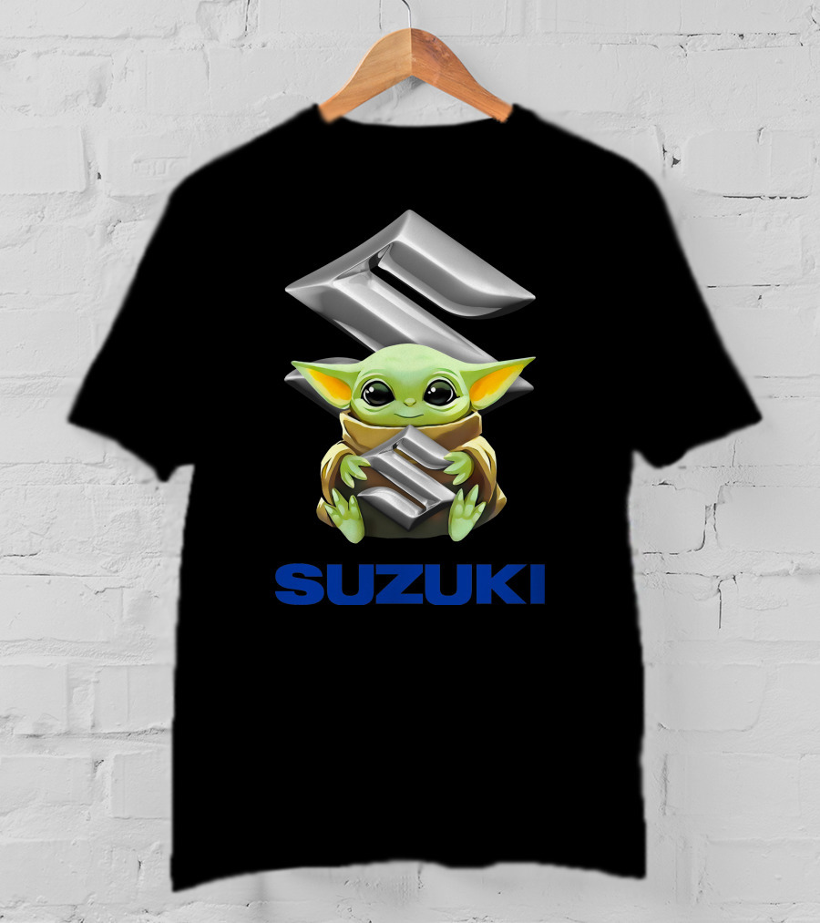 Baby Yoda Holding Silver Suzuki Emblem With Blue Suzuki T-Shirt
