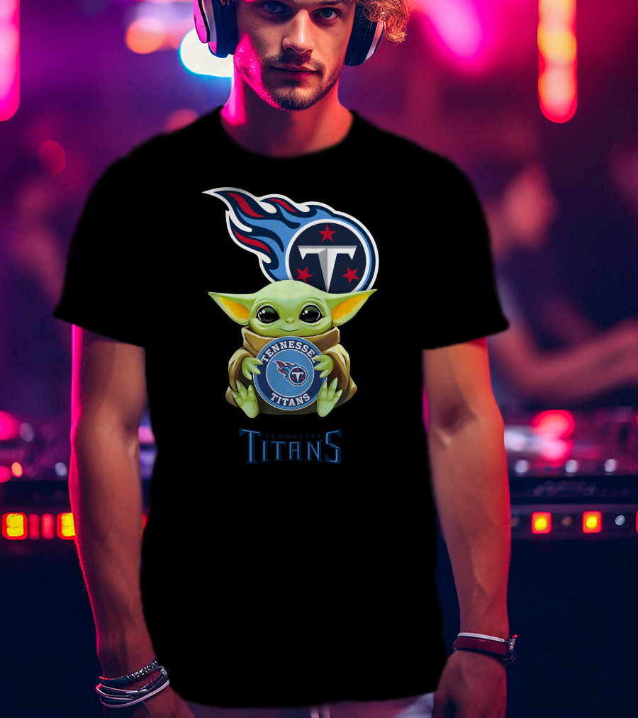 Baby Yoda Holding Tennessee Titans Emblem With Team Logo Background T-Shirt