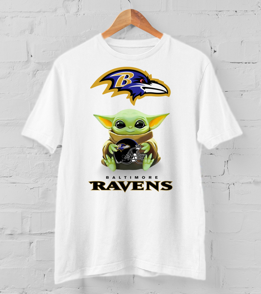 Baby Yoda Holding Baltimore Ravens Football Helmet Under Team T-Shirt