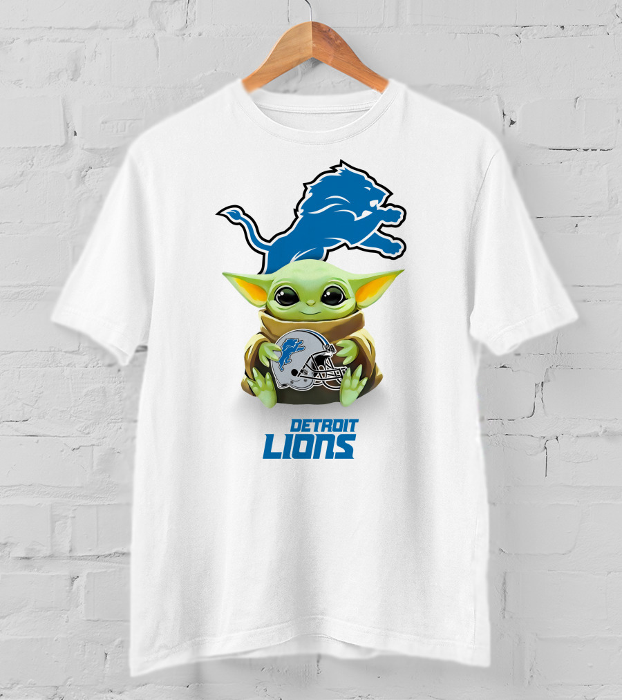 Baby Yoda Holding Detroit Lions Helmet With Team T-Shirt
