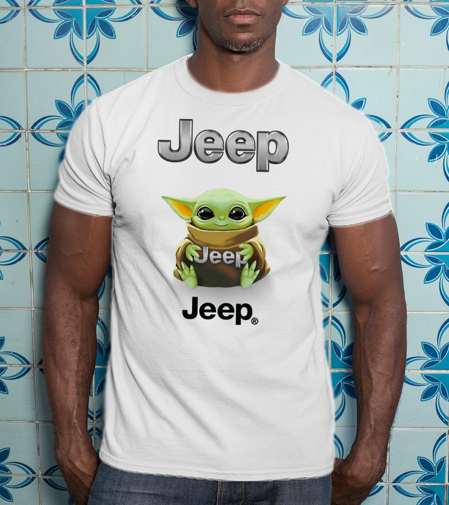 Baby Yoda Holding Jeep Logo With White T-Shirt