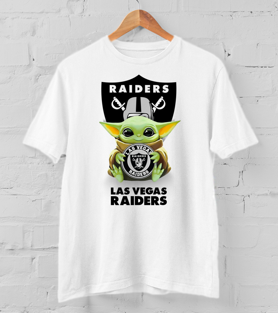 Baby Yoda Holding Las Vegas Raiders Emblem With Team Logo And Name T-Shirt