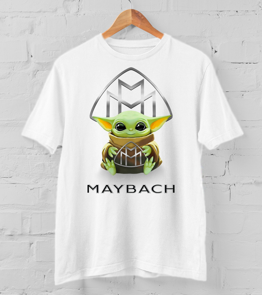 Baby Yoda Holding Maybach Emblem In White T-Shirt