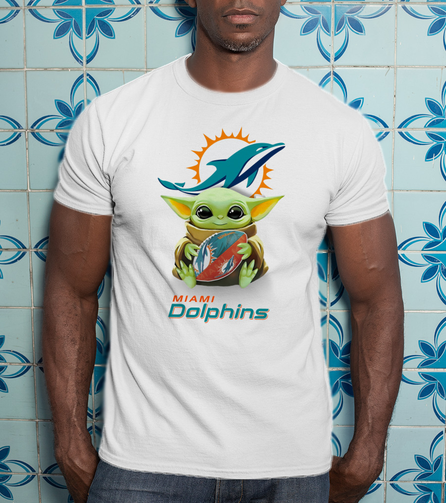 Baby Yoda With Miami Dolphins Logo And Football T-Shirt