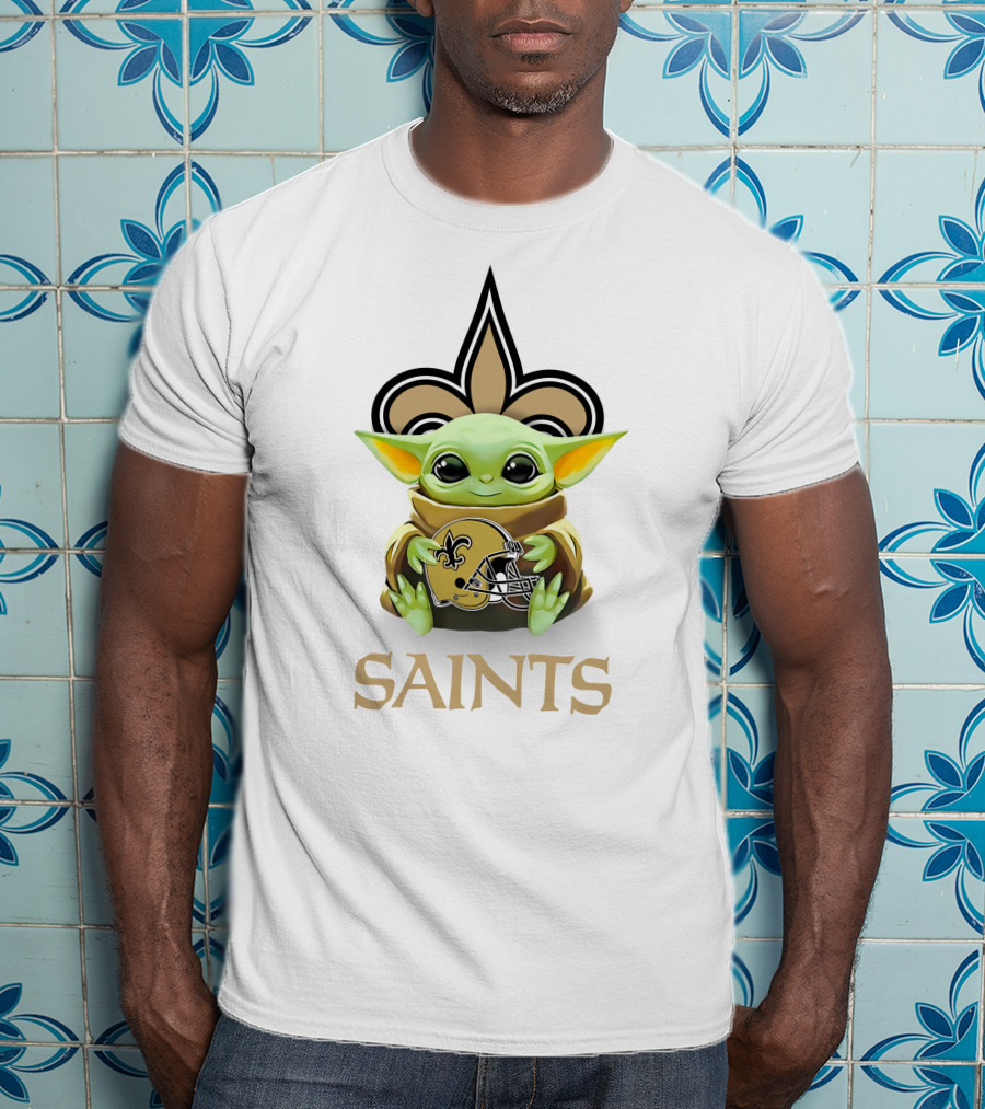Baby Yoda Hugging New Orleans Saints Football Helmet Saints T-Shirt