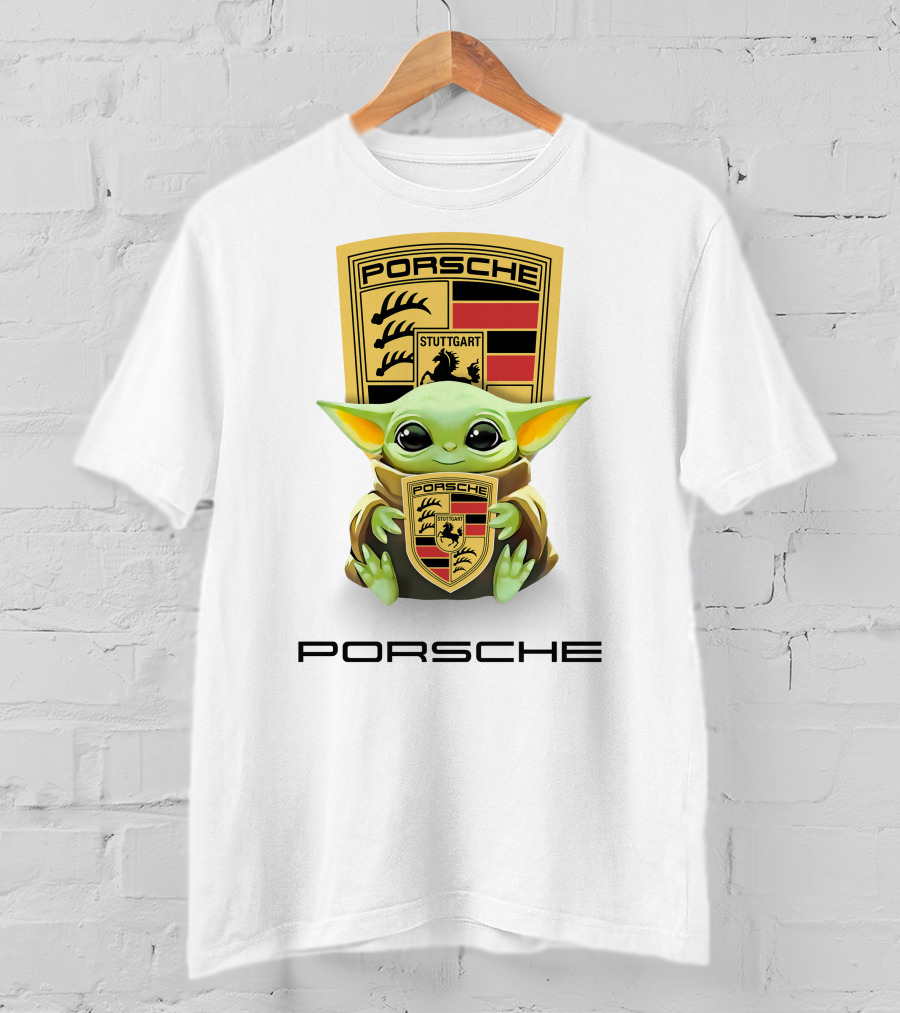 Baby Yoda Holding Stuttgart Porsche Crest T-Shirt