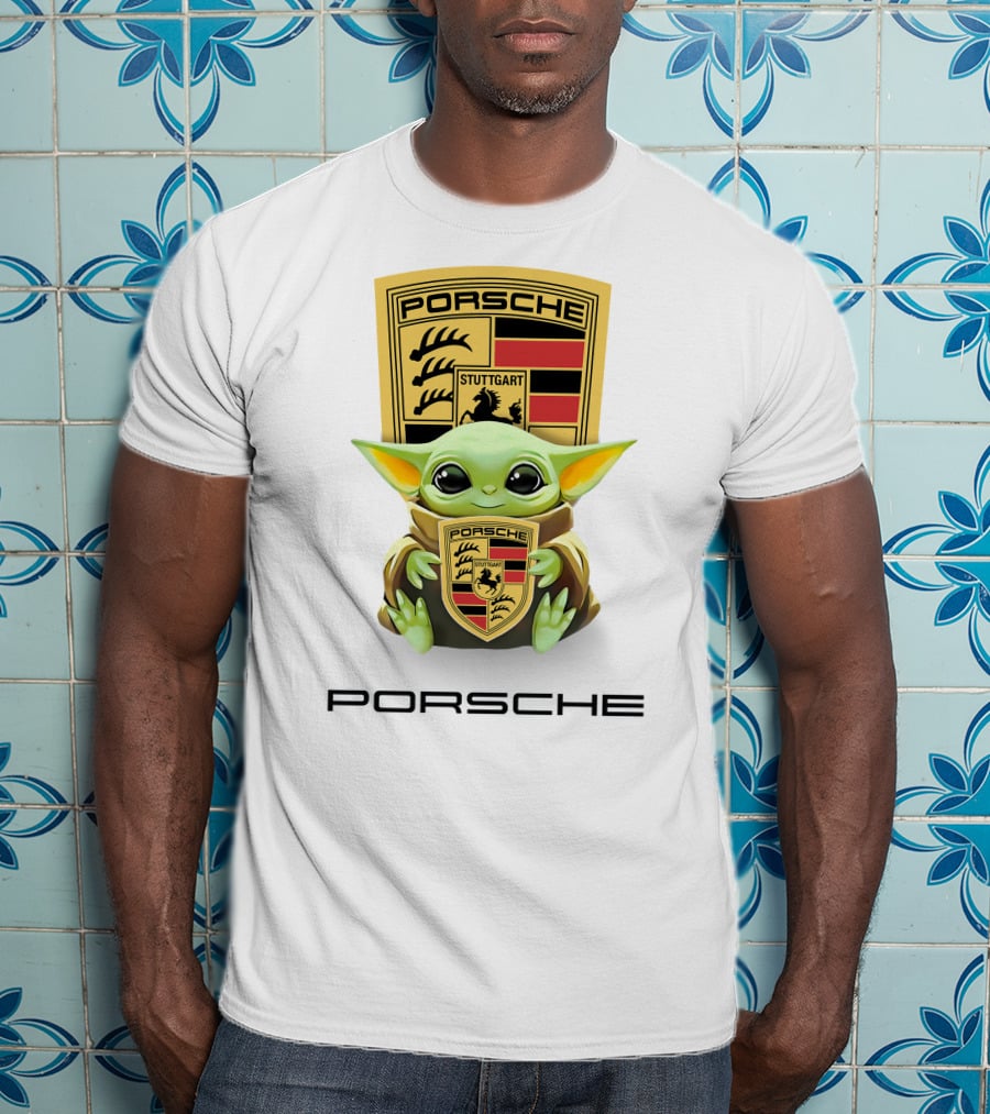 Baby Yoda Holding Stuttgart Porsche Crest T-Shirt