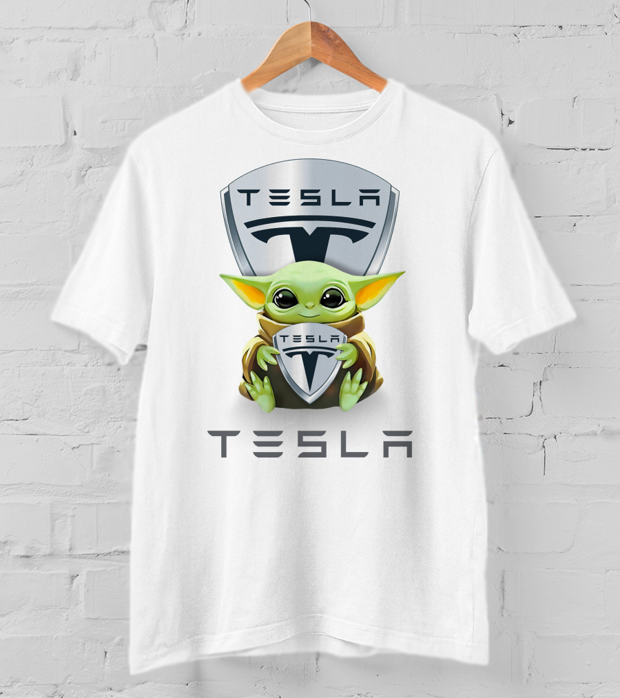 Baby Yoda Holding Tesla Shield With Tesla T-Shirt