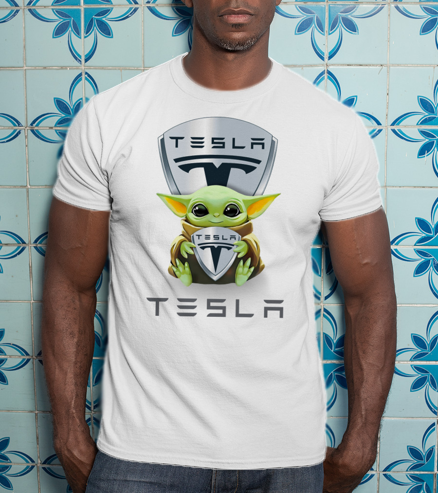 Baby Yoda Holding Tesla Shield With Tesla T-Shirt