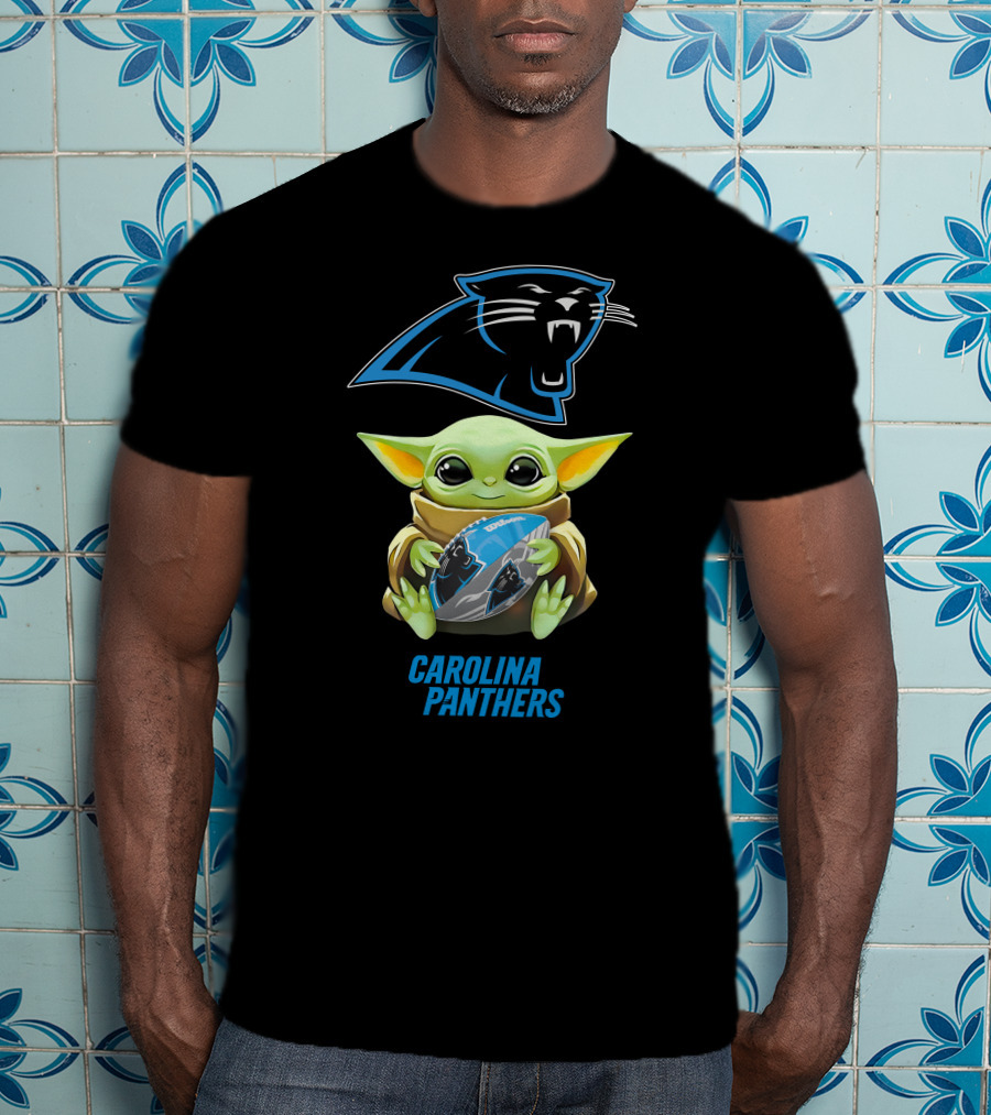 Baby Yoda Hugging Carolina Panthers Football Star Wars T-Shirt