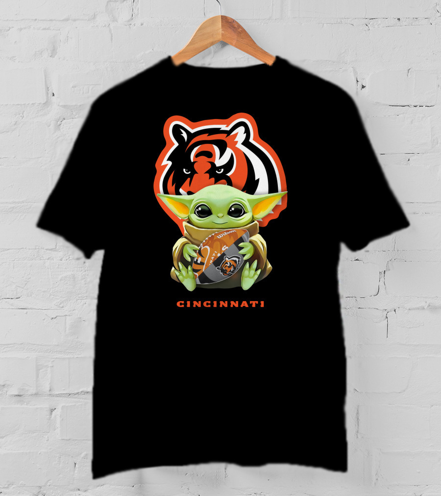 Star Wars Baby Yoda Hugging Cincinnati Bengals Logo Football T-Shirt