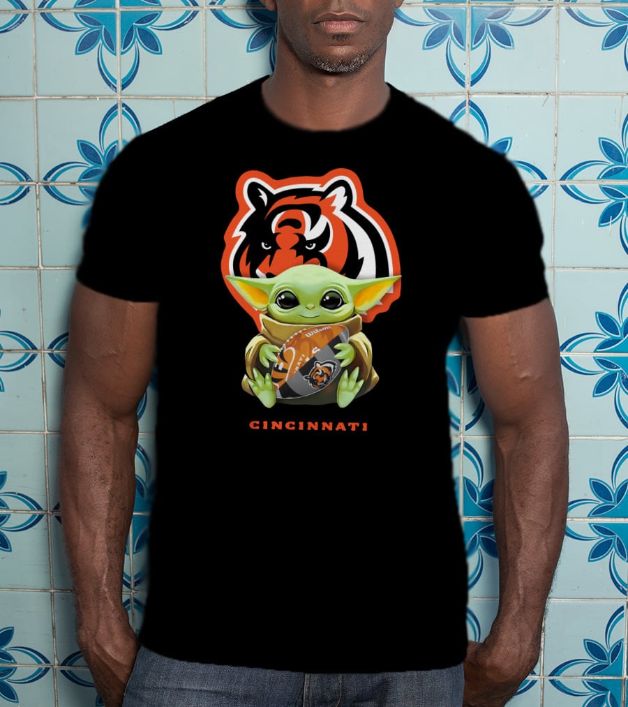 Star Wars Baby Yoda Hugging Cincinnati Bengals Logo Football T-Shirt