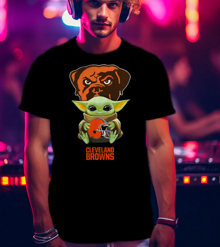 Star Wars Baby Yoda Holding Cleveland Browns Football Helmet With Dawg Pound T-Shirt