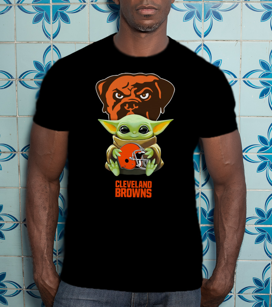 Star Wars Baby Yoda Holding Cleveland Browns Football Helmet With Dawg Pound T-Shirt