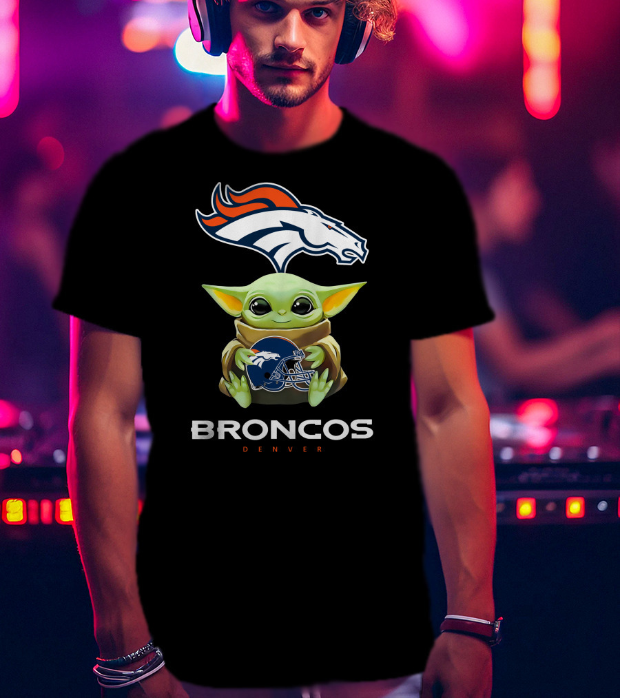 Star Wars Baby Yoda Holding Denver Broncos Helmet T-Shirt