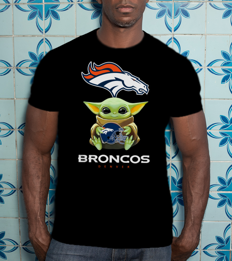 Star Wars Baby Yoda Holding Denver Broncos Helmet T-Shirt