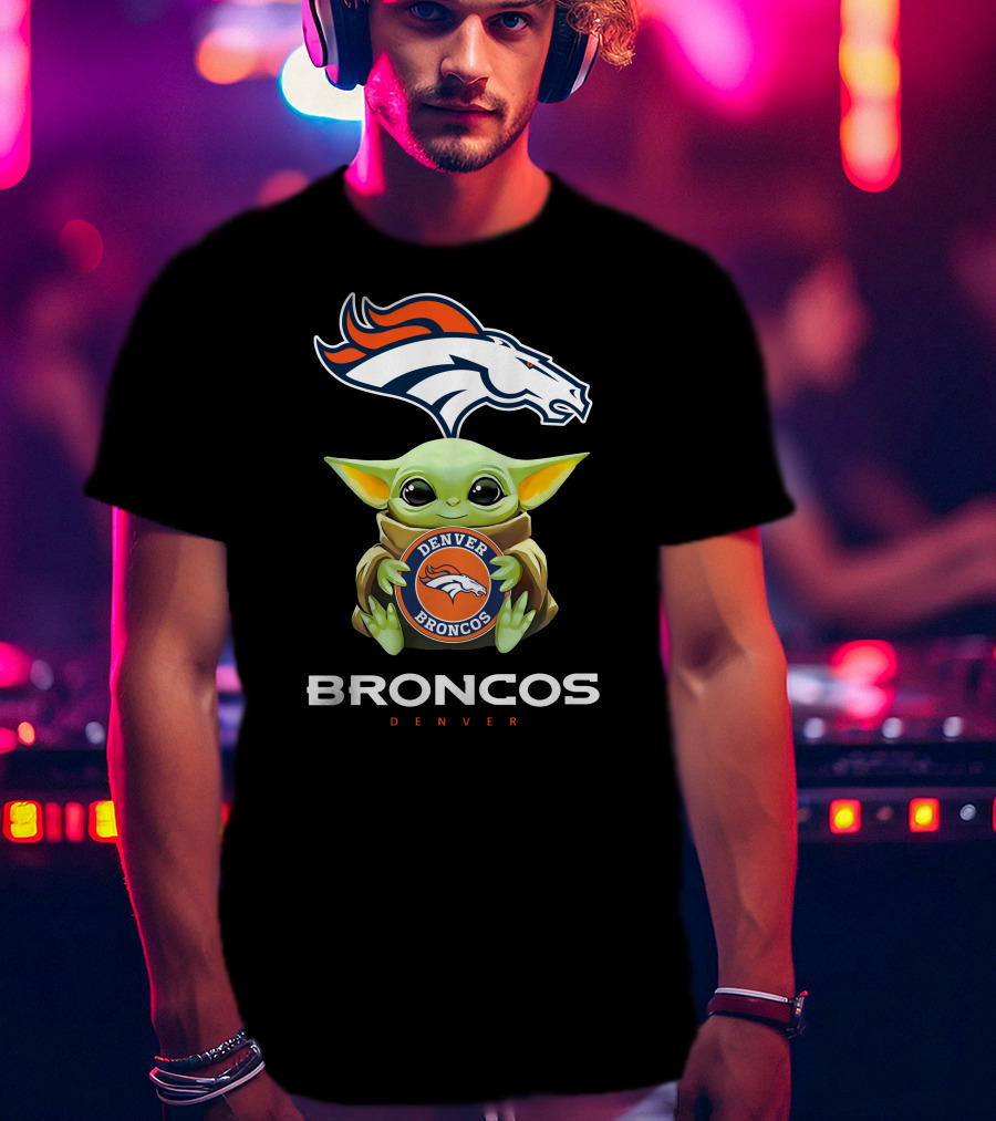 Star Wars Baby Yoda Holding Denver Broncos Emblem T-Shirt