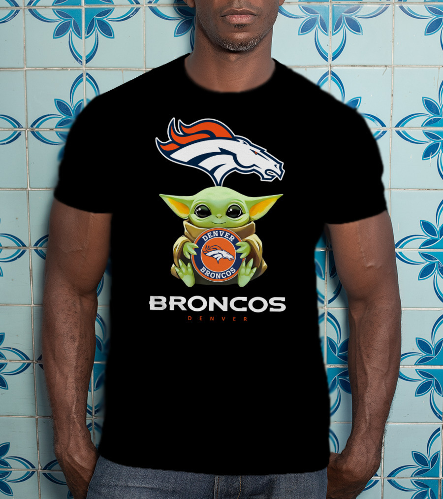 Star Wars Baby Yoda Holding Denver Broncos Emblem T-Shirt