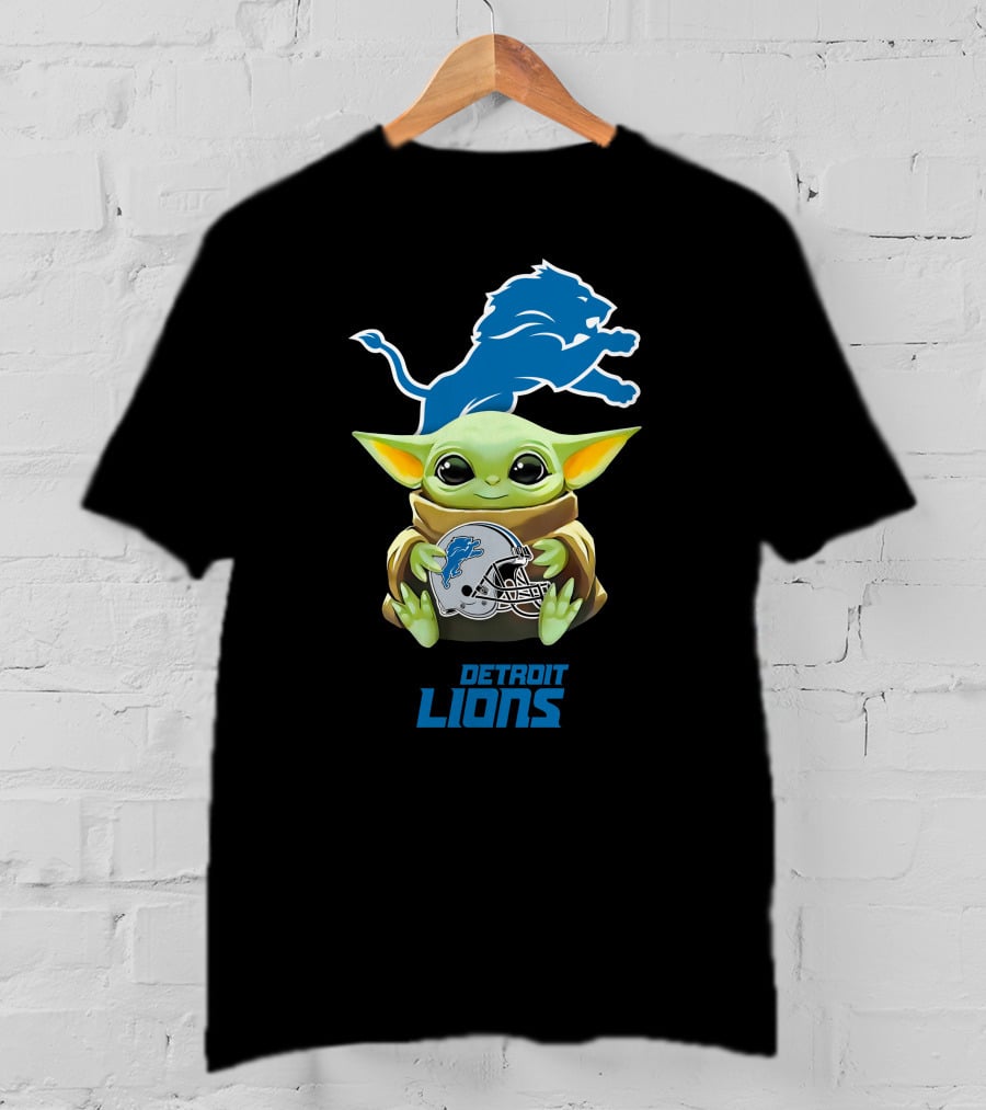 Star Wars Baby Yoda With Detroit Lions Helmet And Blue Lion T-Shirt