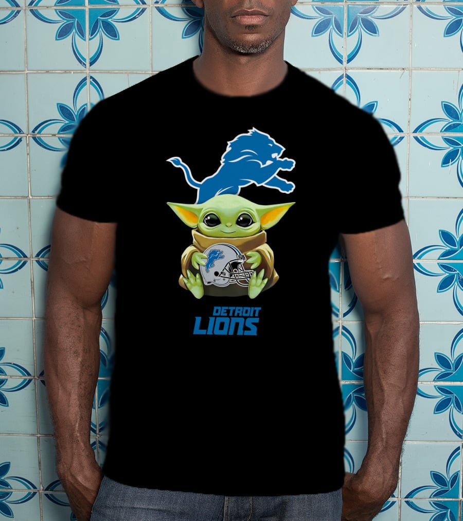 Star Wars Baby Yoda With Detroit Lions Helmet And Blue Lion T-Shirt