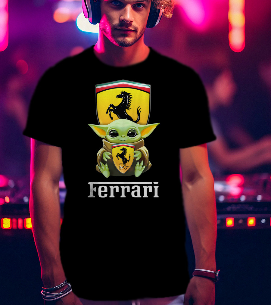 Star Wars Baby Yoda Holding Ferrari Logo Black T-Shirt
