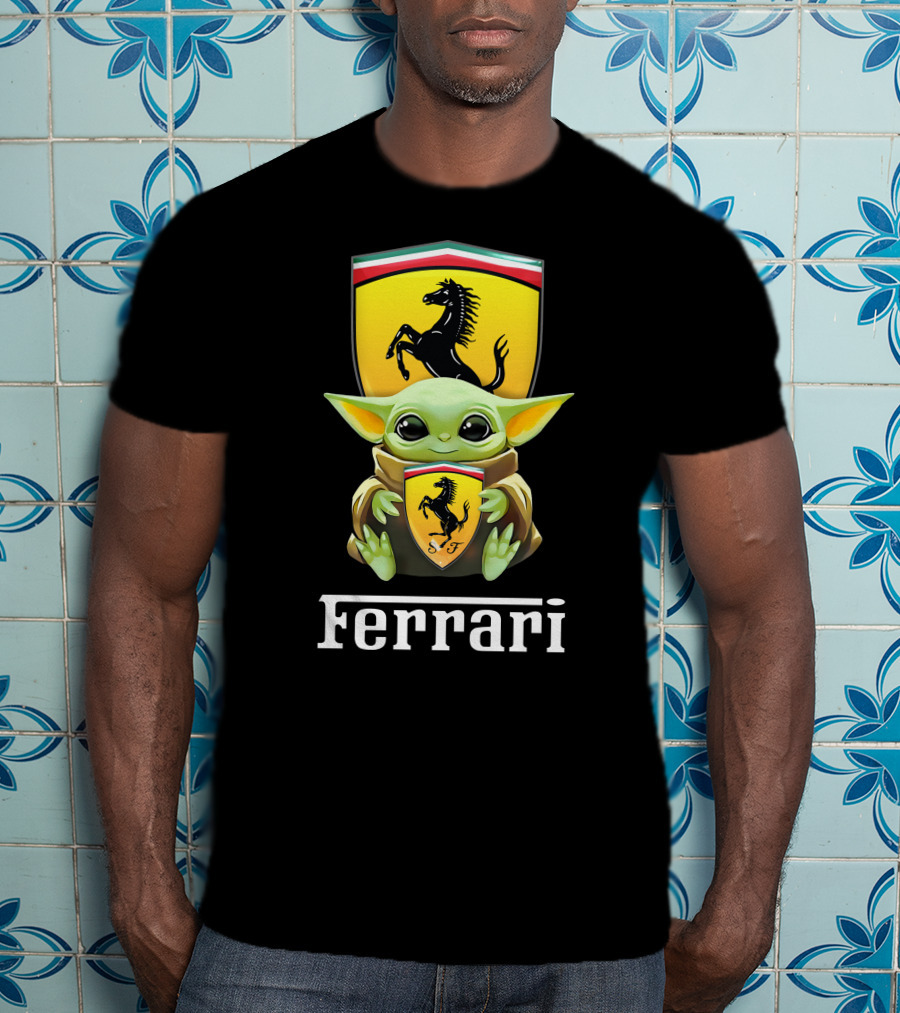 Star Wars Baby Yoda Holding Ferrari Logo Black T-Shirt