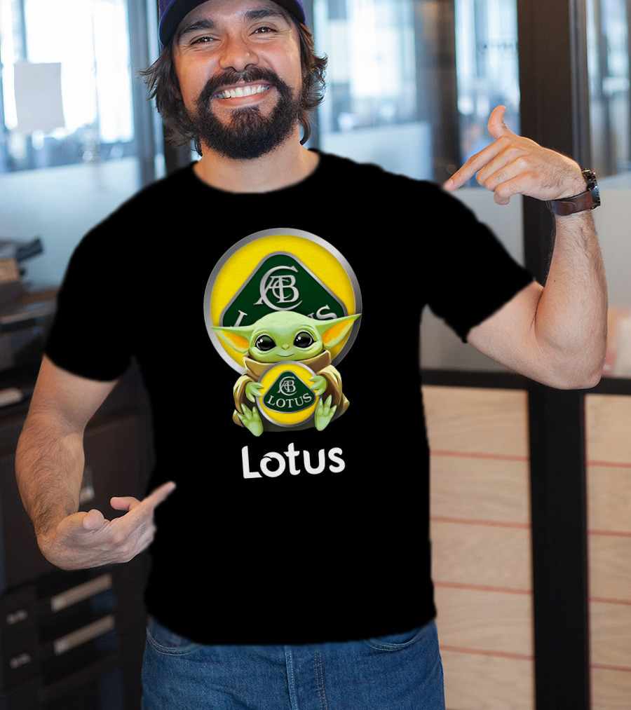 Star Wars Baby Yoda Hugging Lotus Car Logo On Black T-Shirt
