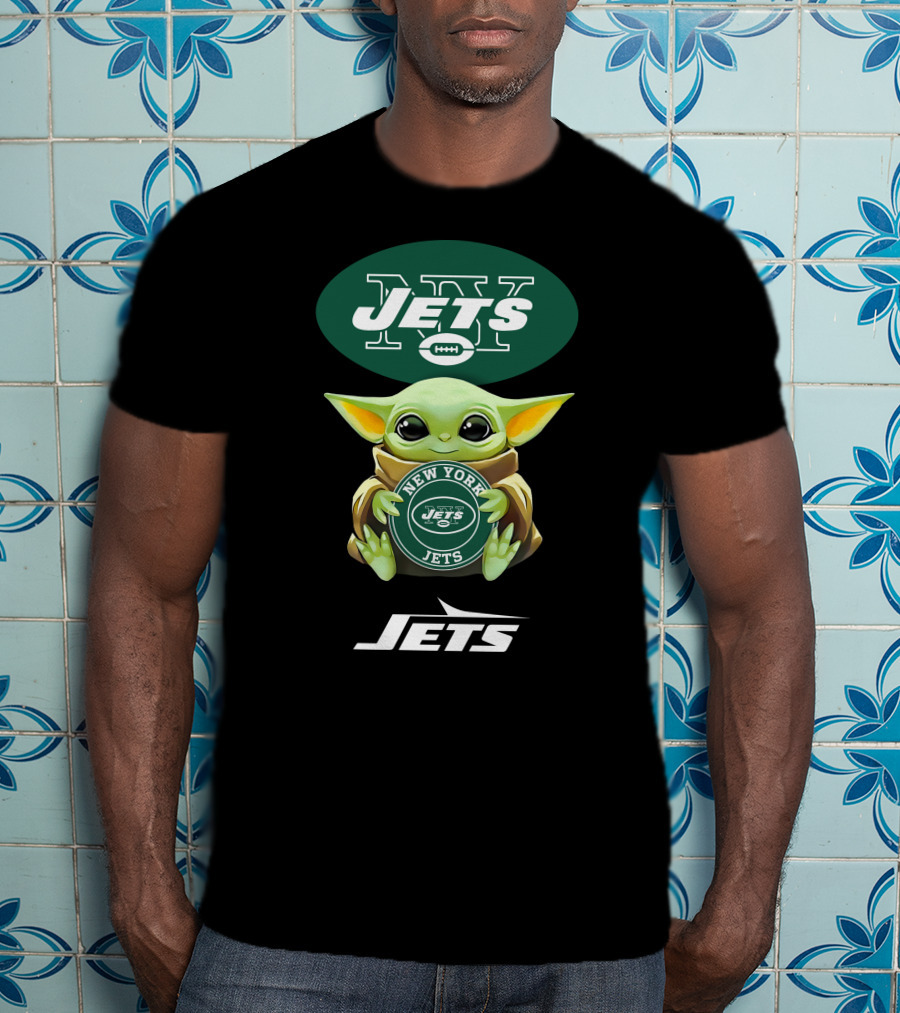 Star Wars Baby Yoda Holding New York Jets Football Logo With NY Jets Text T-Shirt