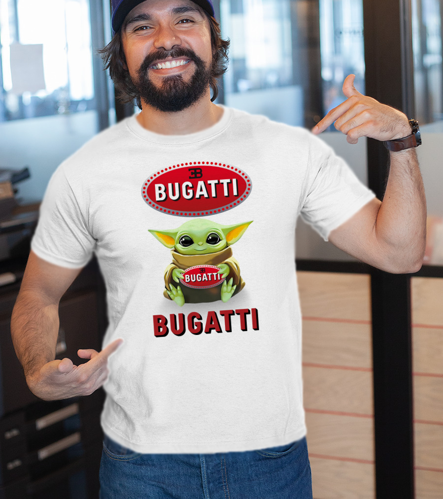 Baby Yoda Holding Bugatti Logo Emblem T-Shirt