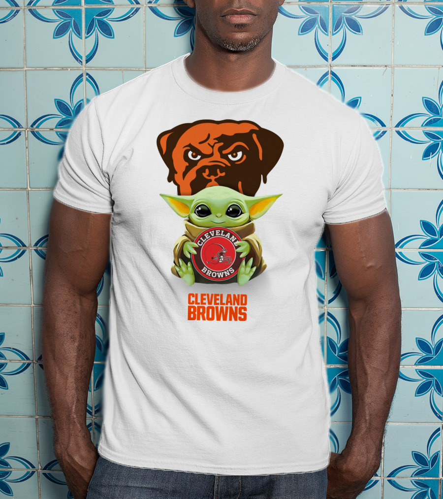 Baby Yoda Embraces Cleveland Browns Spirit With Helmet Logo And Dawg Pound Mascot T-Shirt