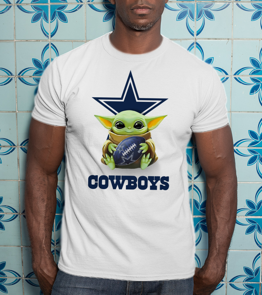 Cowboys Baby Yoda Hugging Dallas Football Star Logo White Background T-Shirt