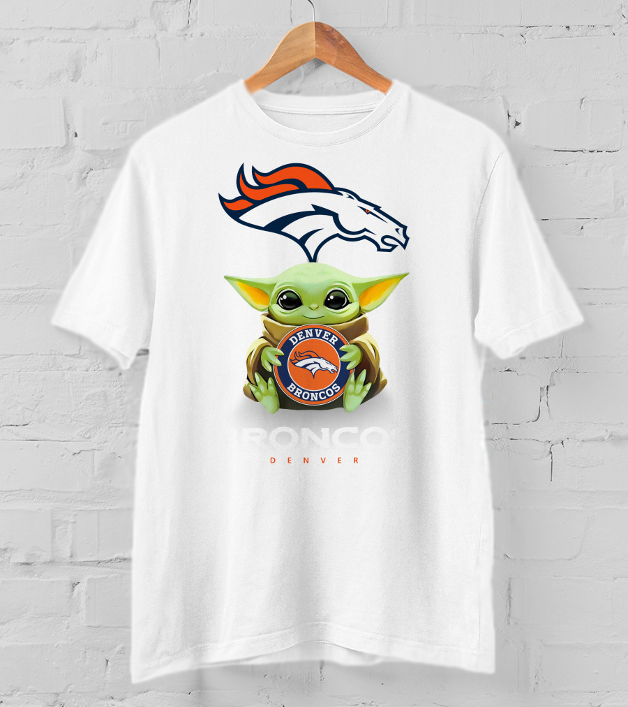 Baby Yoda Hug Denver Broncos Denver Broncos Bronco Denver White T-Shirt