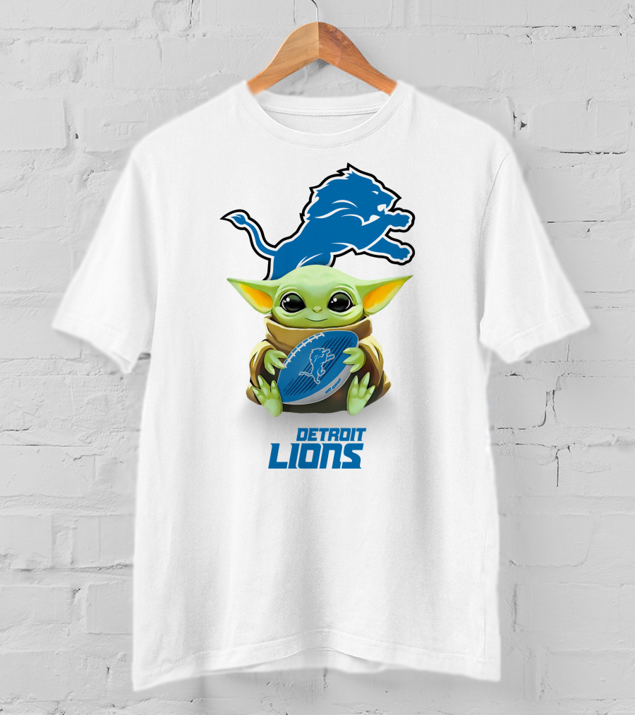 Baby Yoda Hugging Detroit Lions Football T-Shirt