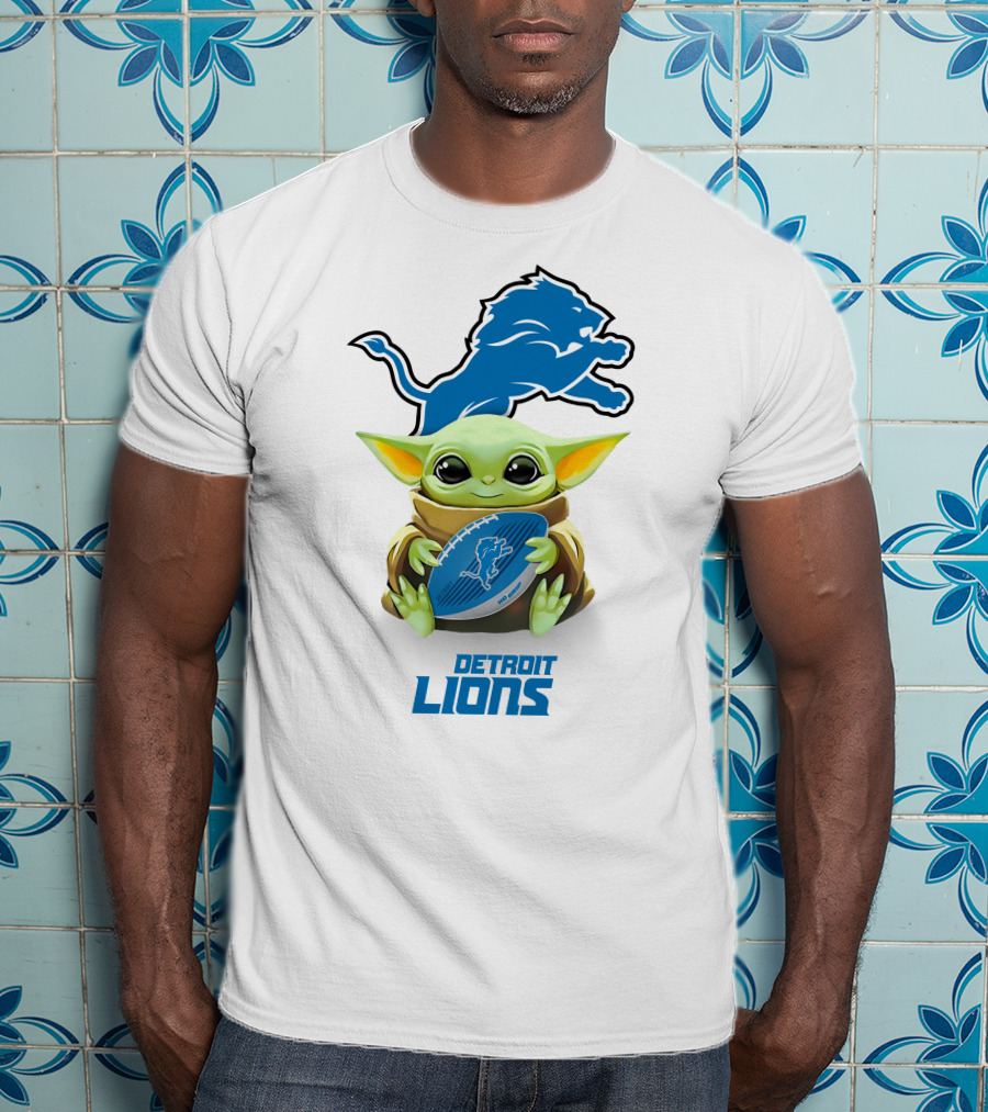 Baby Yoda Hugging Detroit Lions Football T-Shirt