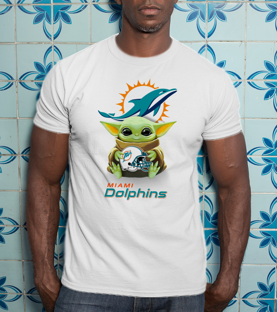 Baby Yoda Holding Miami Dolphins Helmet T-Shirt