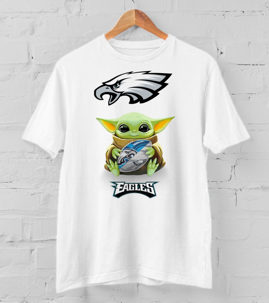 Baby Yoda Hugging Philadelphia Eagles Football With Eagle T-Shirt
